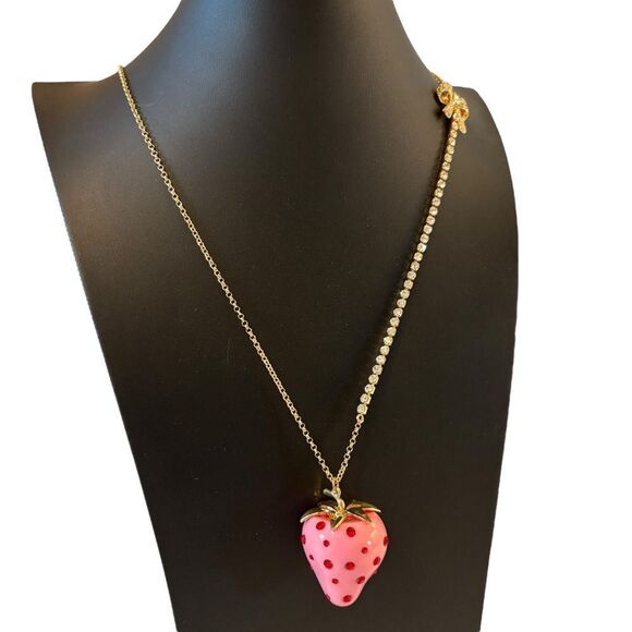 Gorgeous Pink Strawberry Pendant Necklace w/ Red Crystals on Long Goldtone Chain - Picture 2 of 7